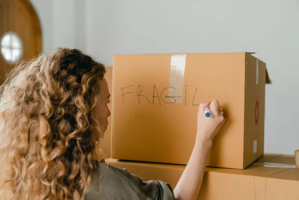 Persona escribiendo «frágil» en una caja de mudanza cerrada