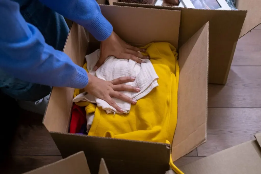 Persona guardando ropa en una caja de cartón durante la mudanza
