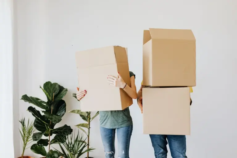Pareja cargando cajas de mudanza junto a varias plantas de interior