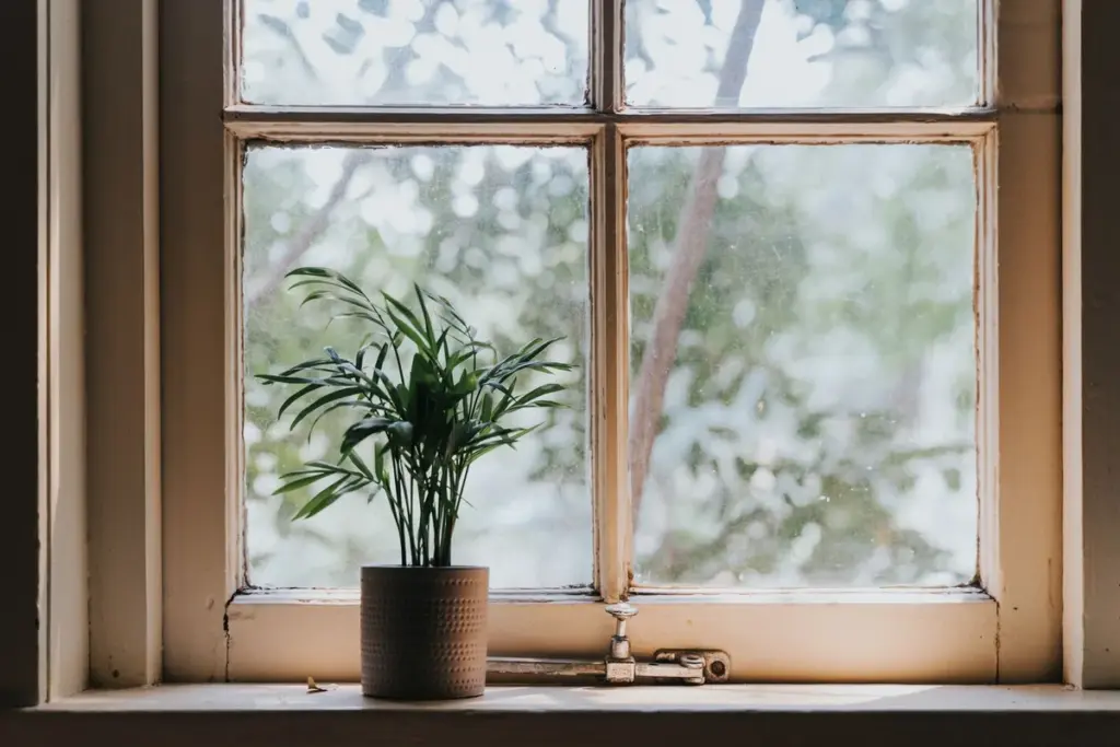 Planta de interior en maceta junto a una ventana